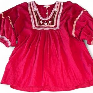 Max Studio shirt peasant style boho Red Embroidered short sleeve cotton NEW S